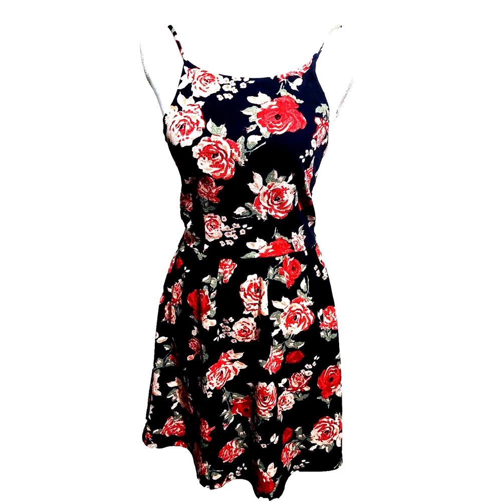 C Womens Small Black Floral Mini Dress Fit & Flare Spaghetti Straps Zipper
